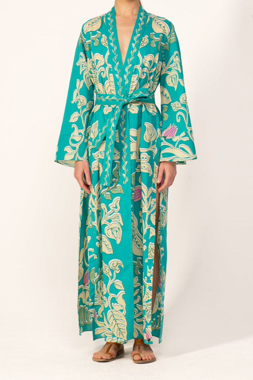 Turquoise cotton kimono cover-up named Lea from Poupette St Barth, featuring a relaxed fit and elegant design.