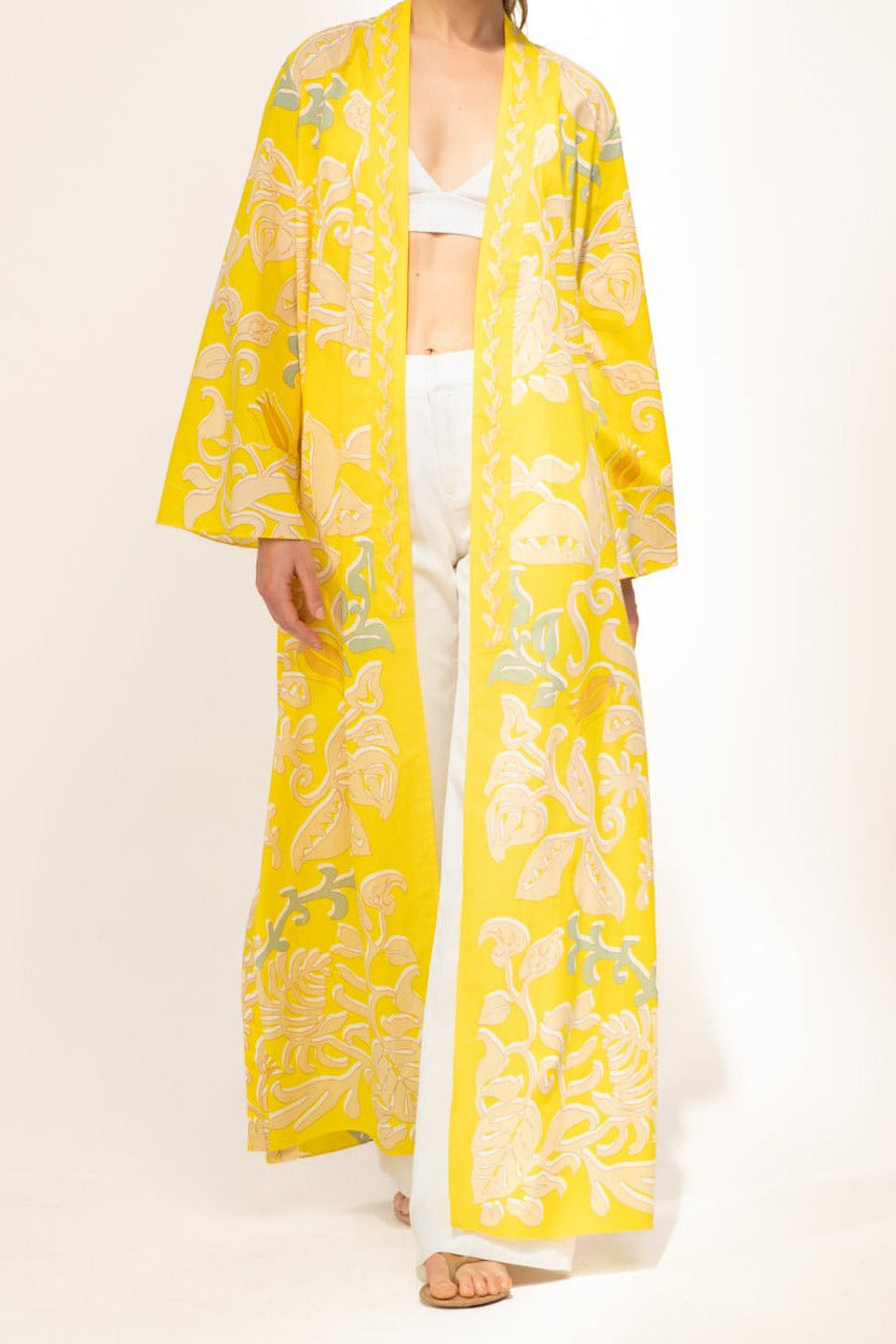 Yellow cotton Kimono Lea cover-up by Poupette St Barth, featuring a relaxed fit and vibrant yellow color.