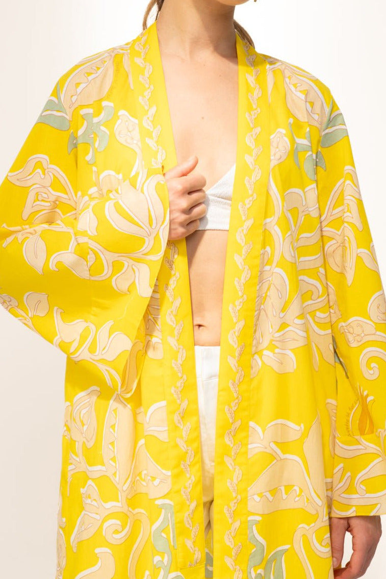 Poupette St Barth Kimono Lea Yellow Ritual cover-up made of cotton, featuring a vibrant yellow design with a relaxed fit.