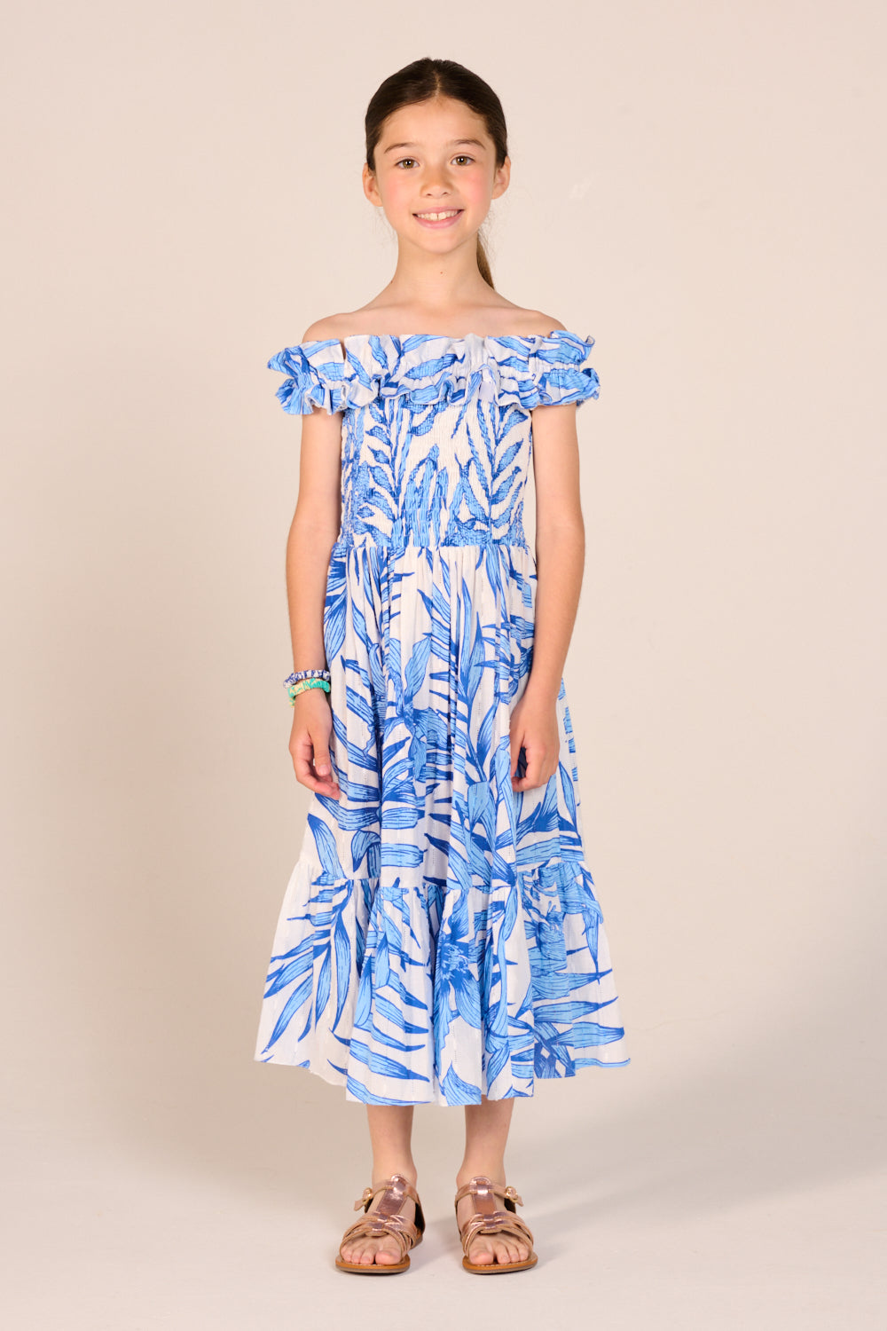 Girls' Blue Palm Leaf long dress – Long Dress Suzanne by Poupette St Barth, front view with ruffled off-shoulder neckline