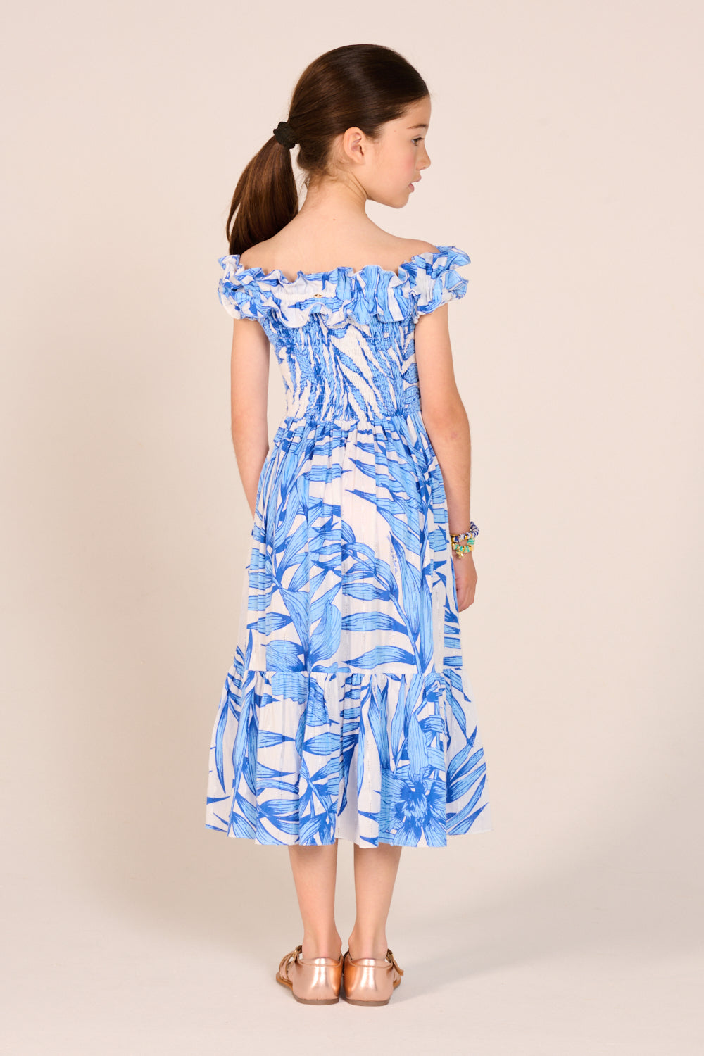 Girls' Blue Palm Leaf long dress – Long Dress Suzanne by Poupette St Barth, back view with smocked back