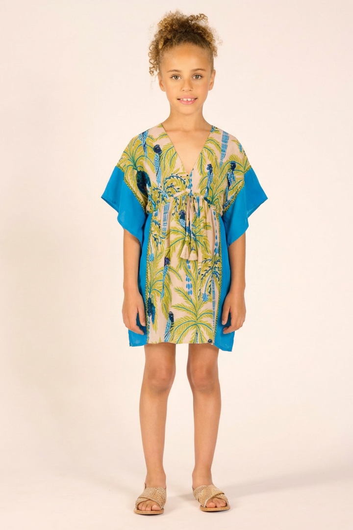 Girls' Green Mini Palmrott long dress – Kaftan Amaya by Poupette St Barth, front view