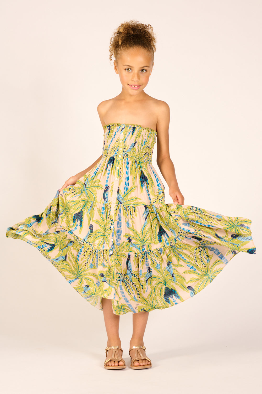 Girls' Green Mini Palmrott long dress – Long Dress Triny by Poupette St Barth, front view