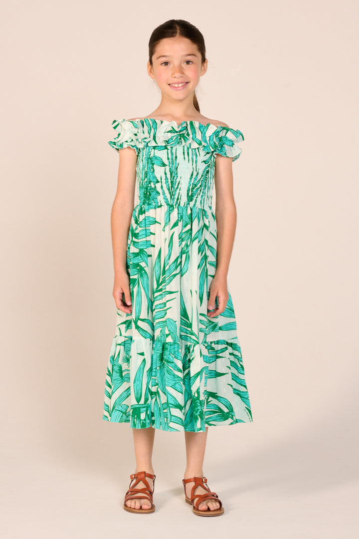 Girls' long green dress with palm leaf print by Poupette St Barth, featuring a flowing, stylish design perfect for warm weather.