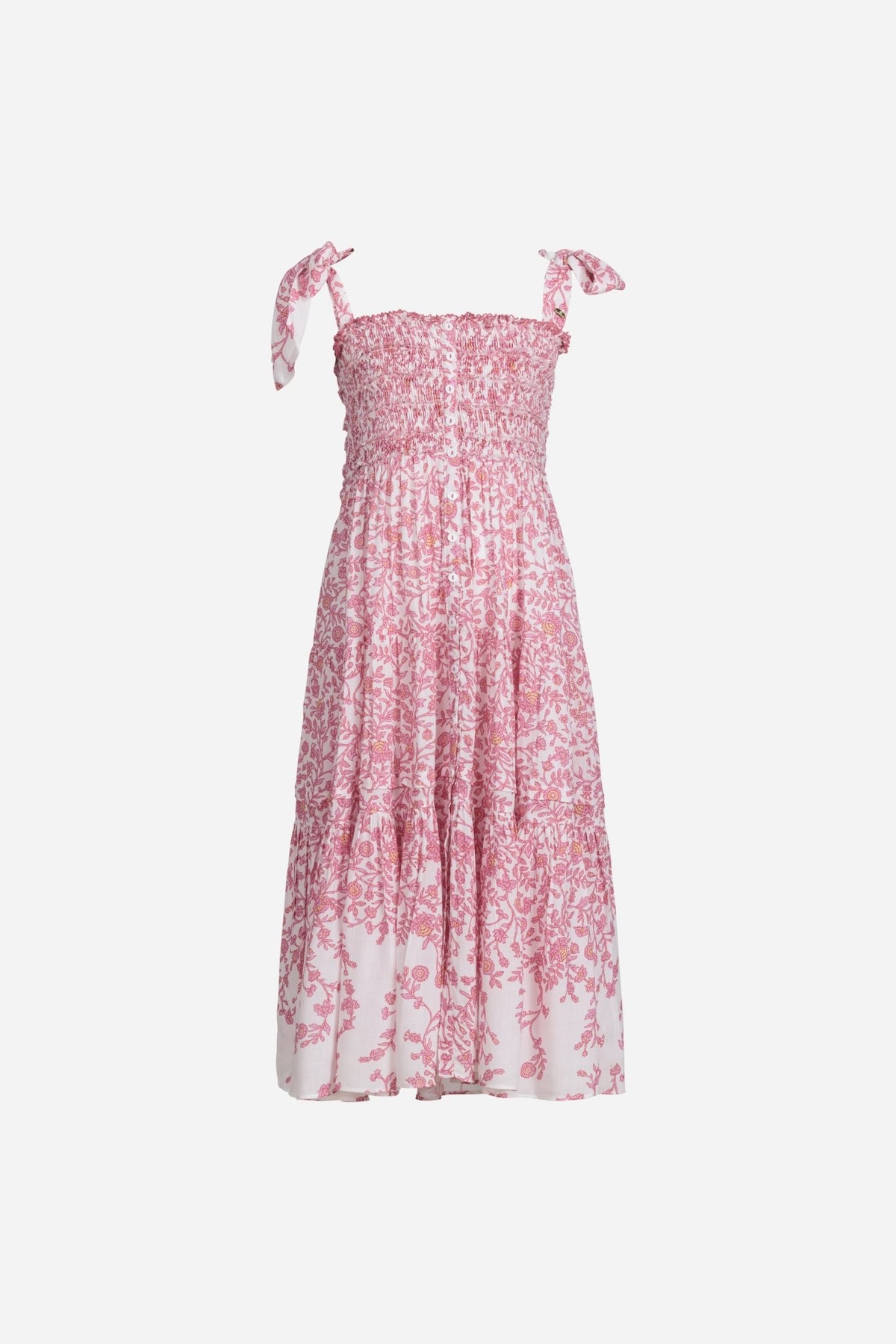 Girls' Pink Lazuli long dress – Long Dress Triny by Poupette St Barth, flat lay front with smocked bodice and tie straps