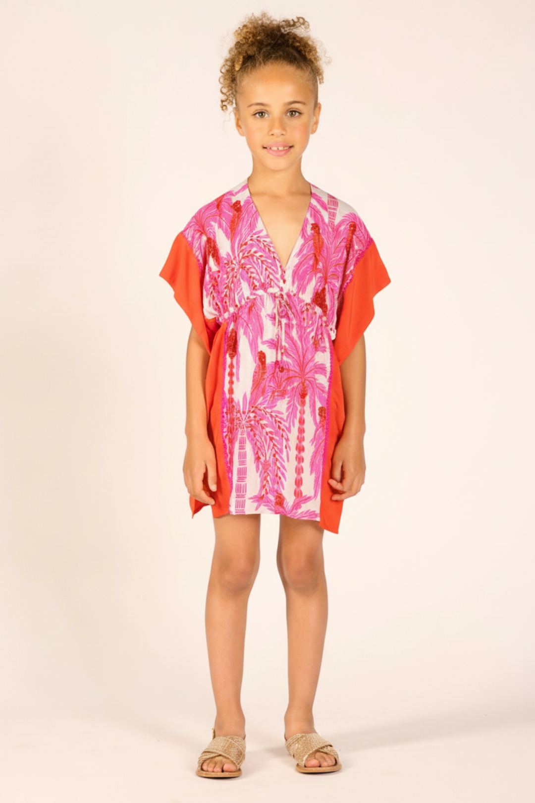 Girls' Pink Mini Palmrott long dress – Kaftan Amaya by Poupette St Barth, front view