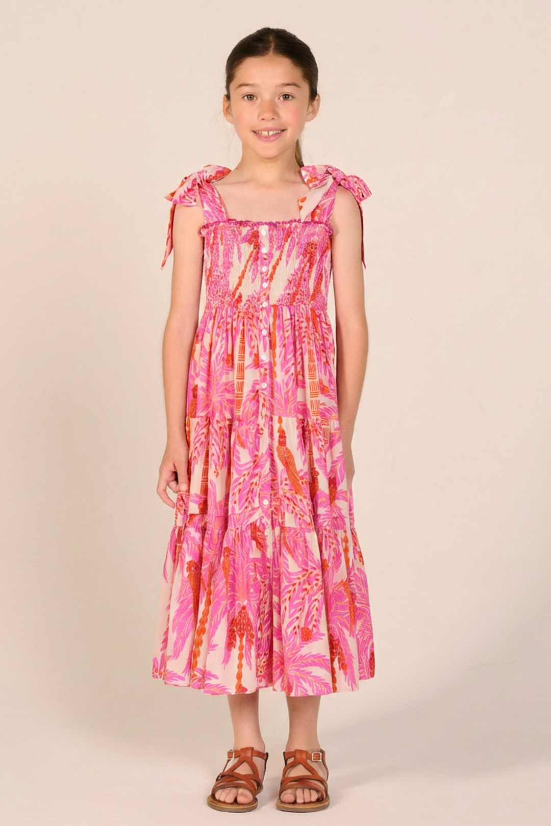 Girls' Pink Mini Palmrott long dress – Long Dress Triny by Poupette St Barth, front view