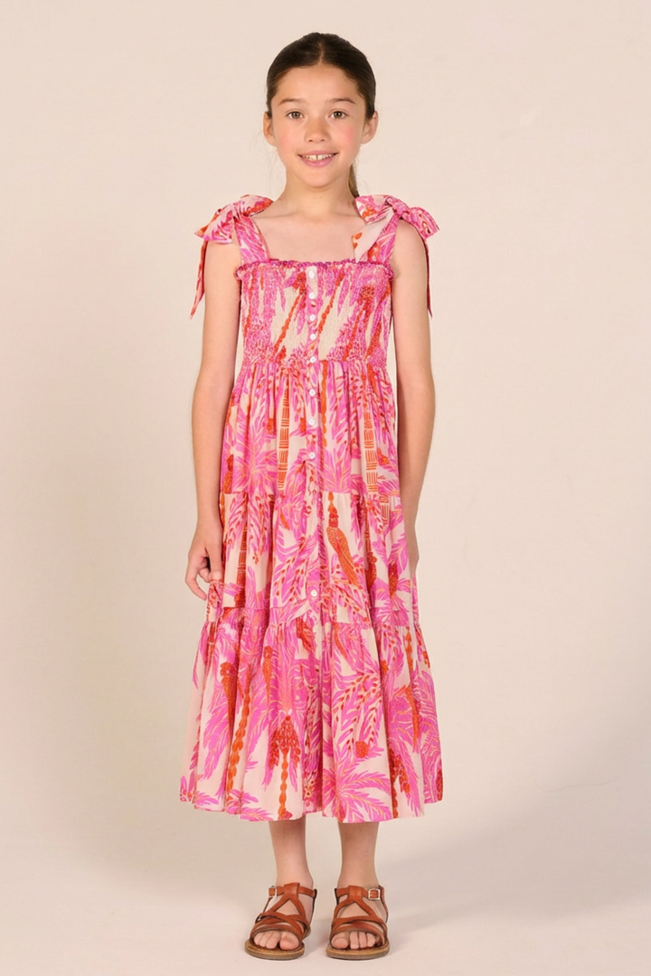 Girls' Pink Mini Palmrott long dress – Long Dress Triny by Poupette St Barth, front view