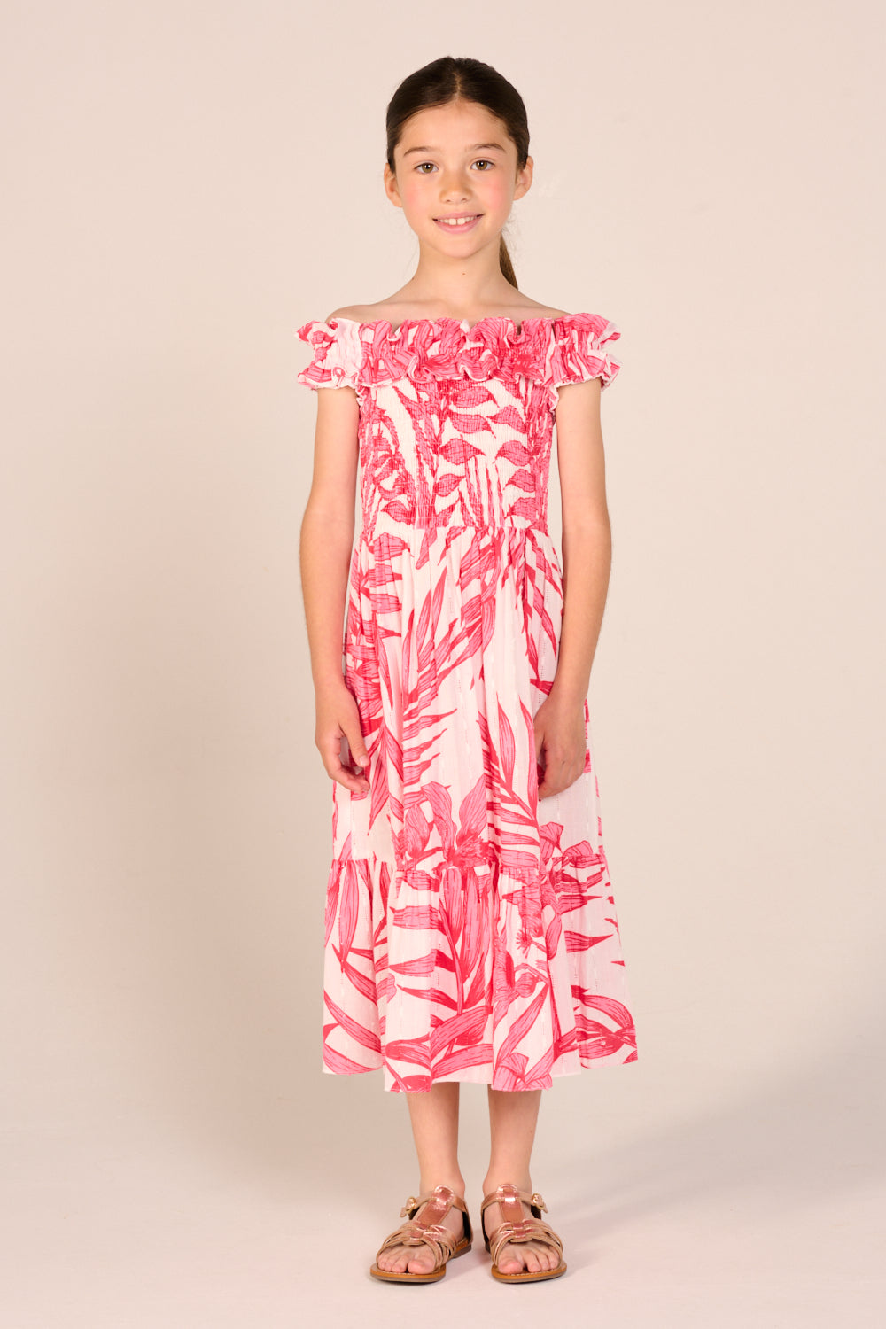 Girls' Pink Palm Leaf long dress – Long Dress Suzanne by Poupette St Barth, front view