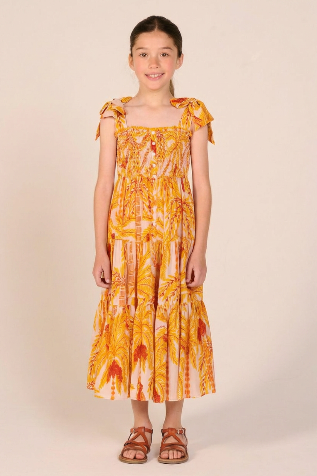Girls' Yellow Mini Palmrott long dress – Long Dress Triny by Poupette St Barth, front view