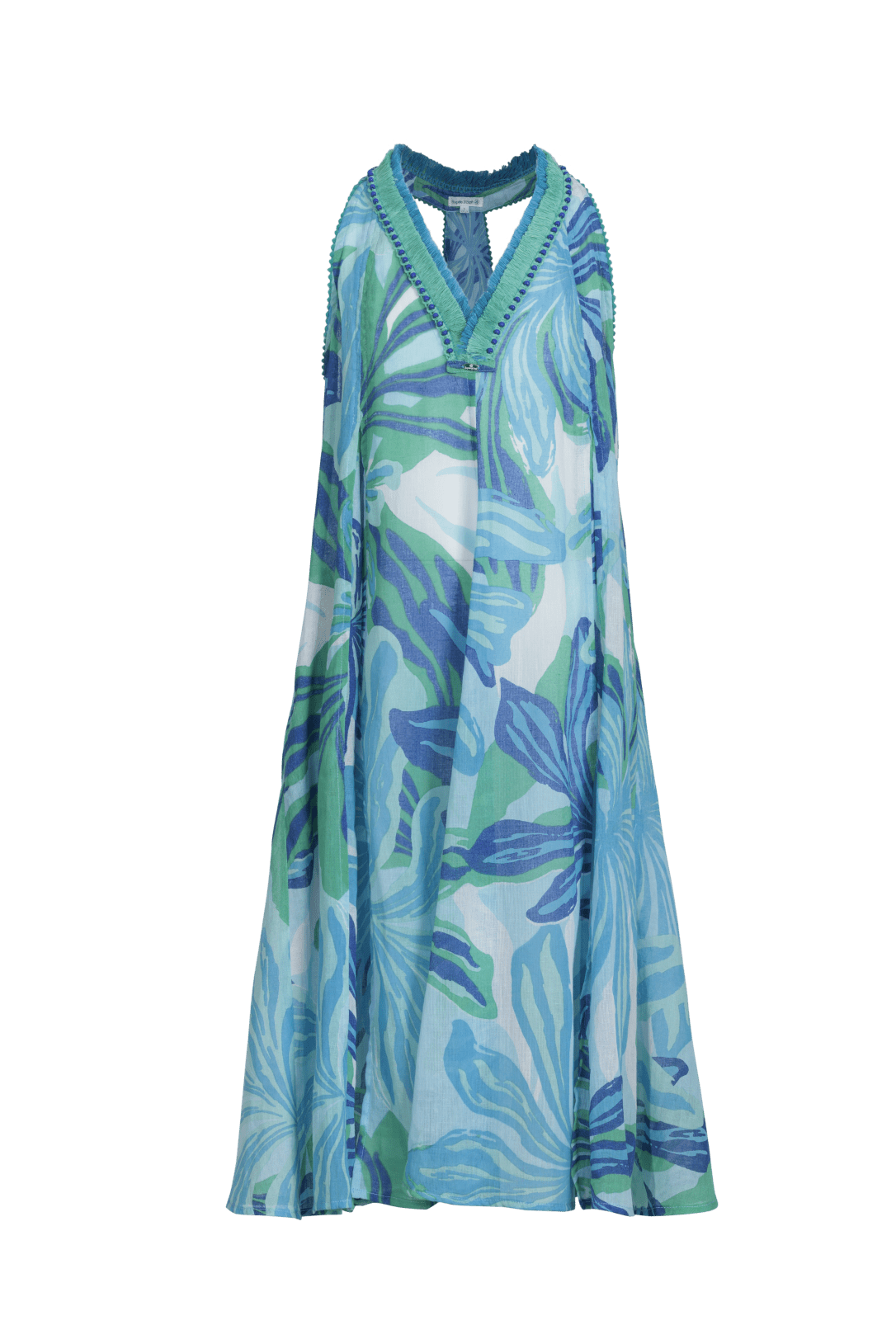 Girls' Blue Seaweed long dress – Long Dress Nava by Poupette St Barth, flat lay front with embroidered v-neck trim