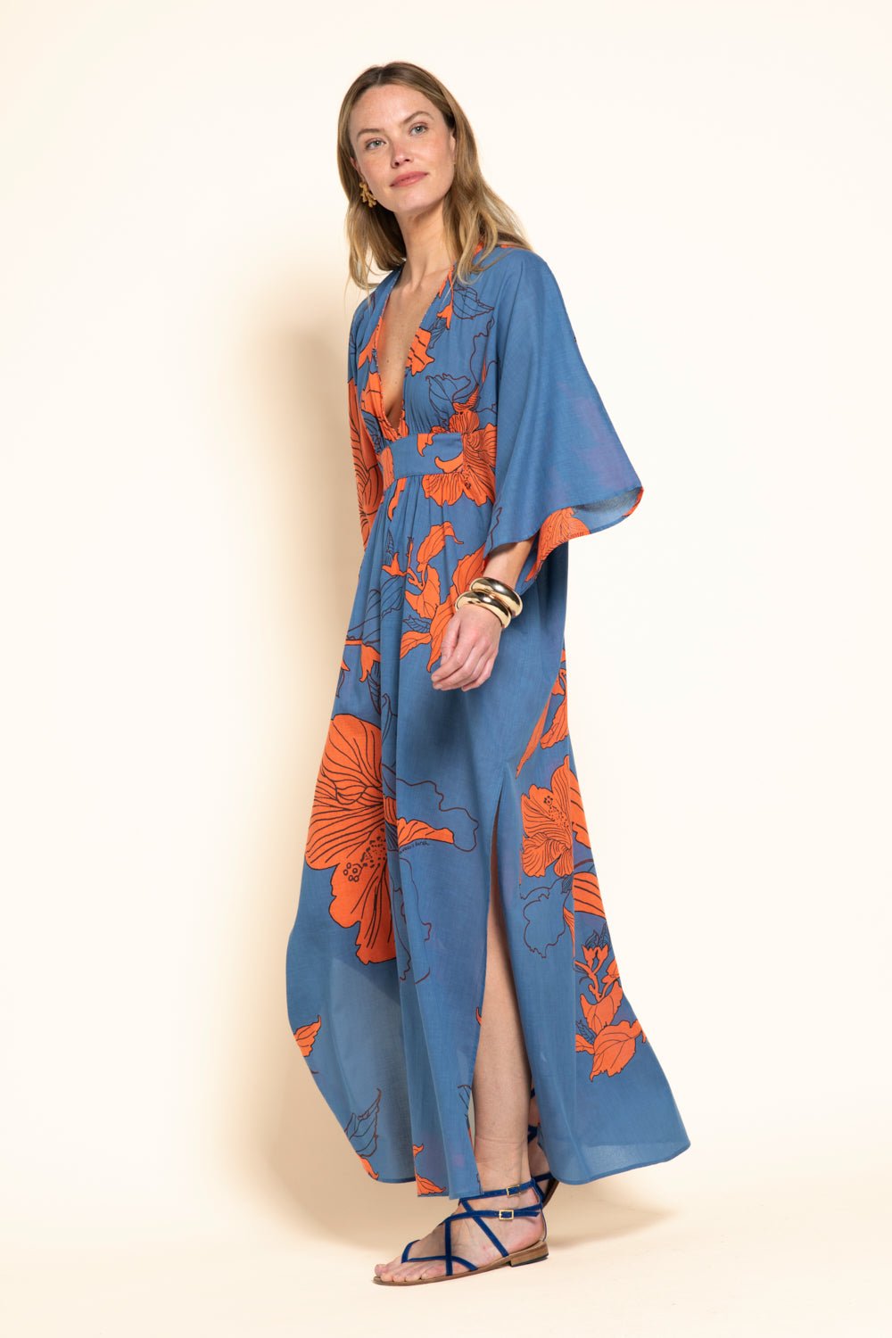 Blue Hibiscus long dress – Kaftan Sol by Poupette St Barth, front view