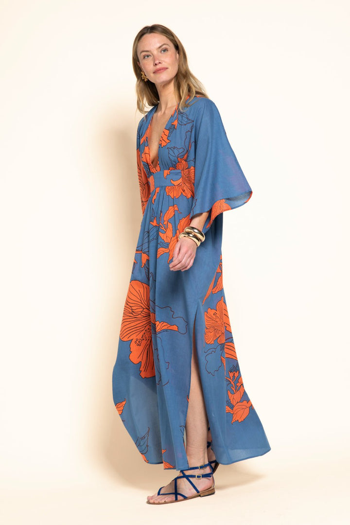 Blue Hibiscus long dress – Kaftan Sol by Poupette St Barth, front view