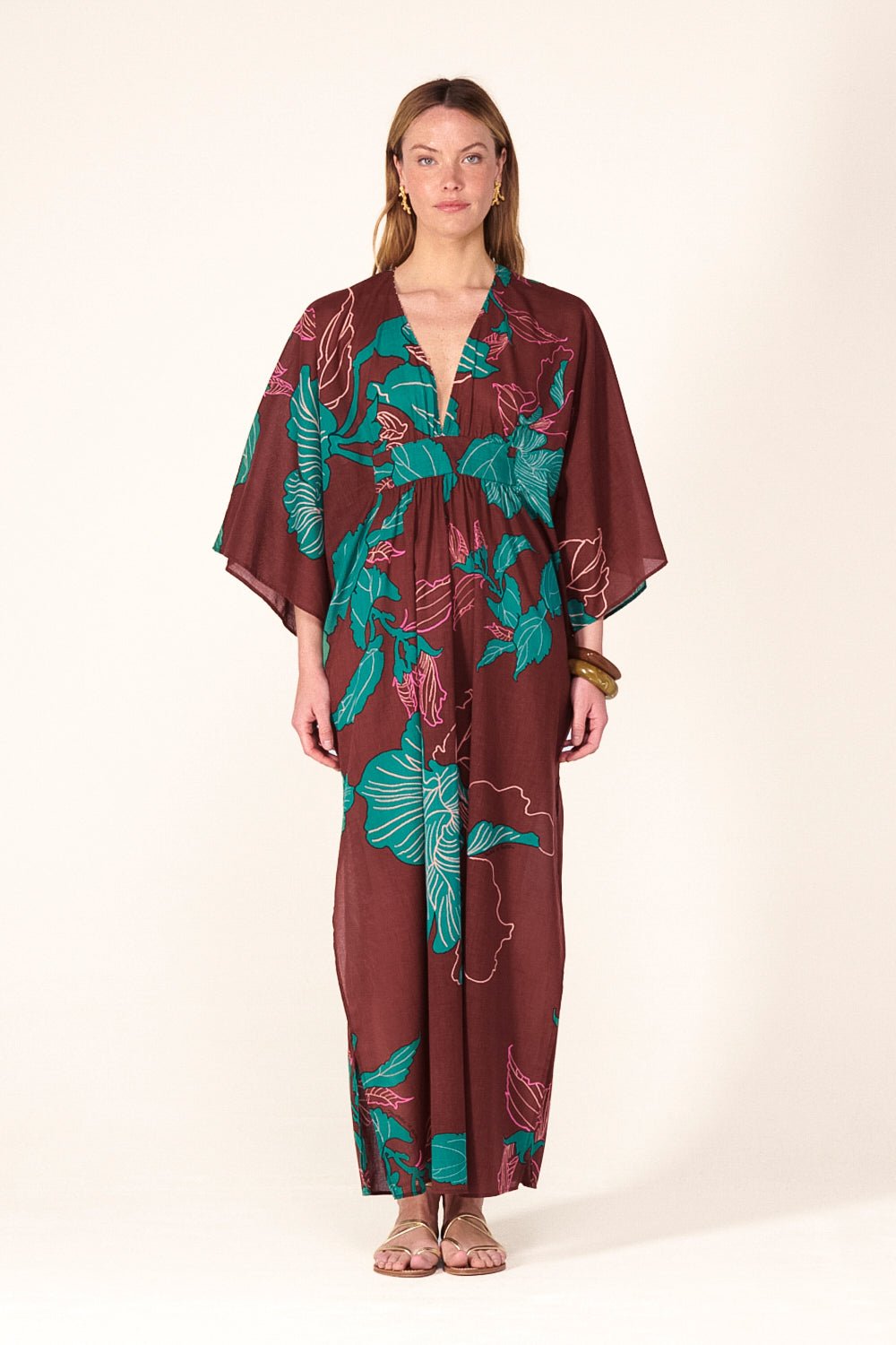 Brown Hibiscus long dress – Kaftan Sol by Poupette St Barth, front view