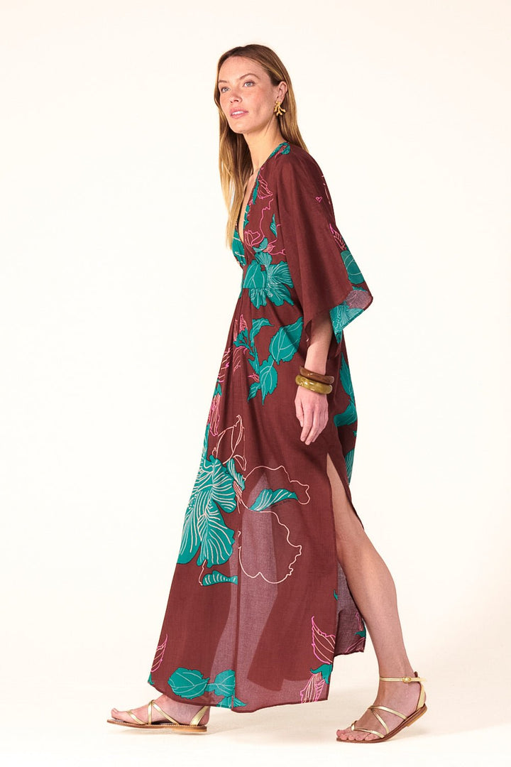 Brown Hibiscus long dress – Kaftan Sol by Poupette St Barth, view 3