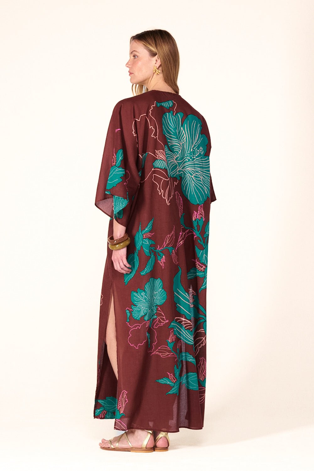 Brown Hibiscus long dress – Kaftan Sol by Poupette St Barth, view 4