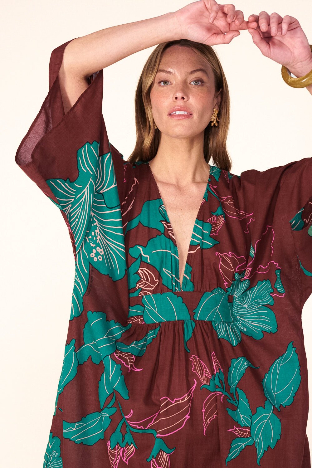Brown Hibiscus long dress – Kaftan Sol by Poupette St Barth, view 2