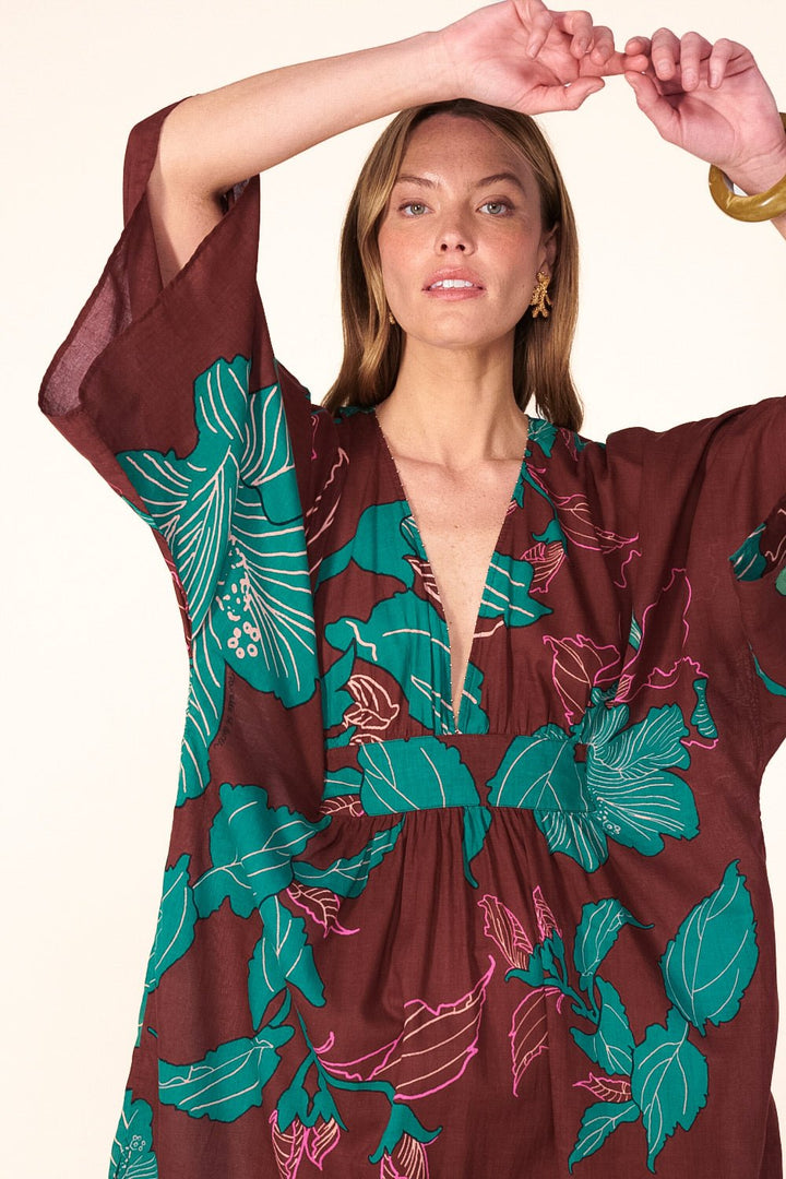 Brown Hibiscus long dress – Kaftan Sol by Poupette St Barth, view 2
