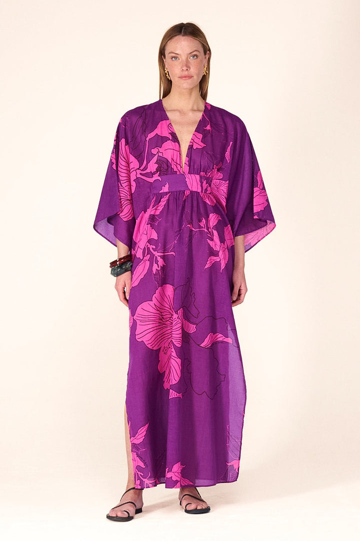 Purple Hibiscus long dress – Kaftan Sol by Poupette St Barth, front view