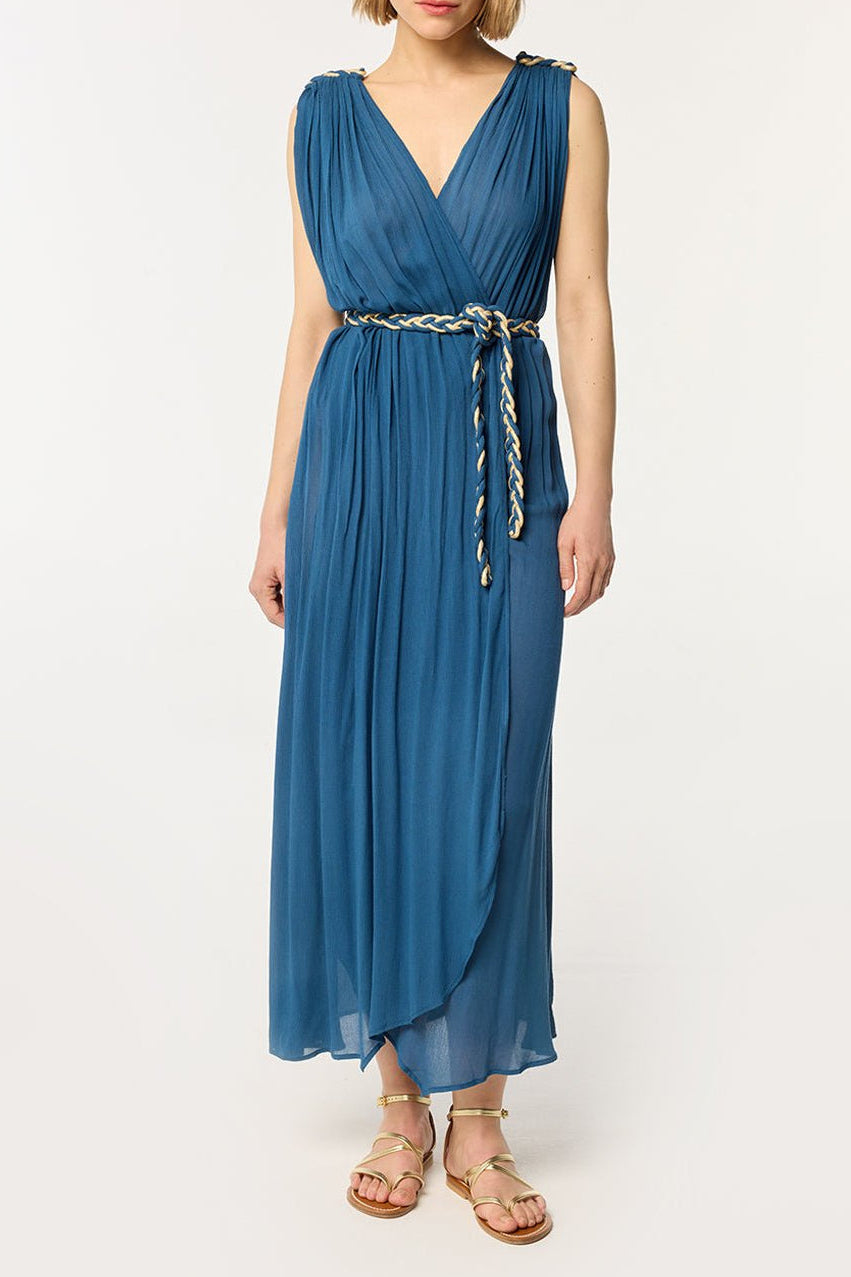 Dusty blue long dress from Poupette St Barth, featuring flowing fabric and elegant design, perfect for summer or special occasions.