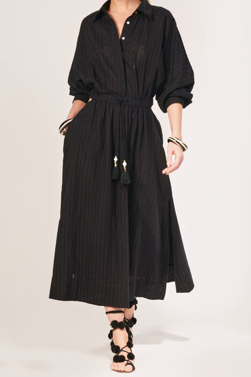 Black long dress – Long Dress Sunniva by Poupette St Barth, full-length front view with tassel drawstring
