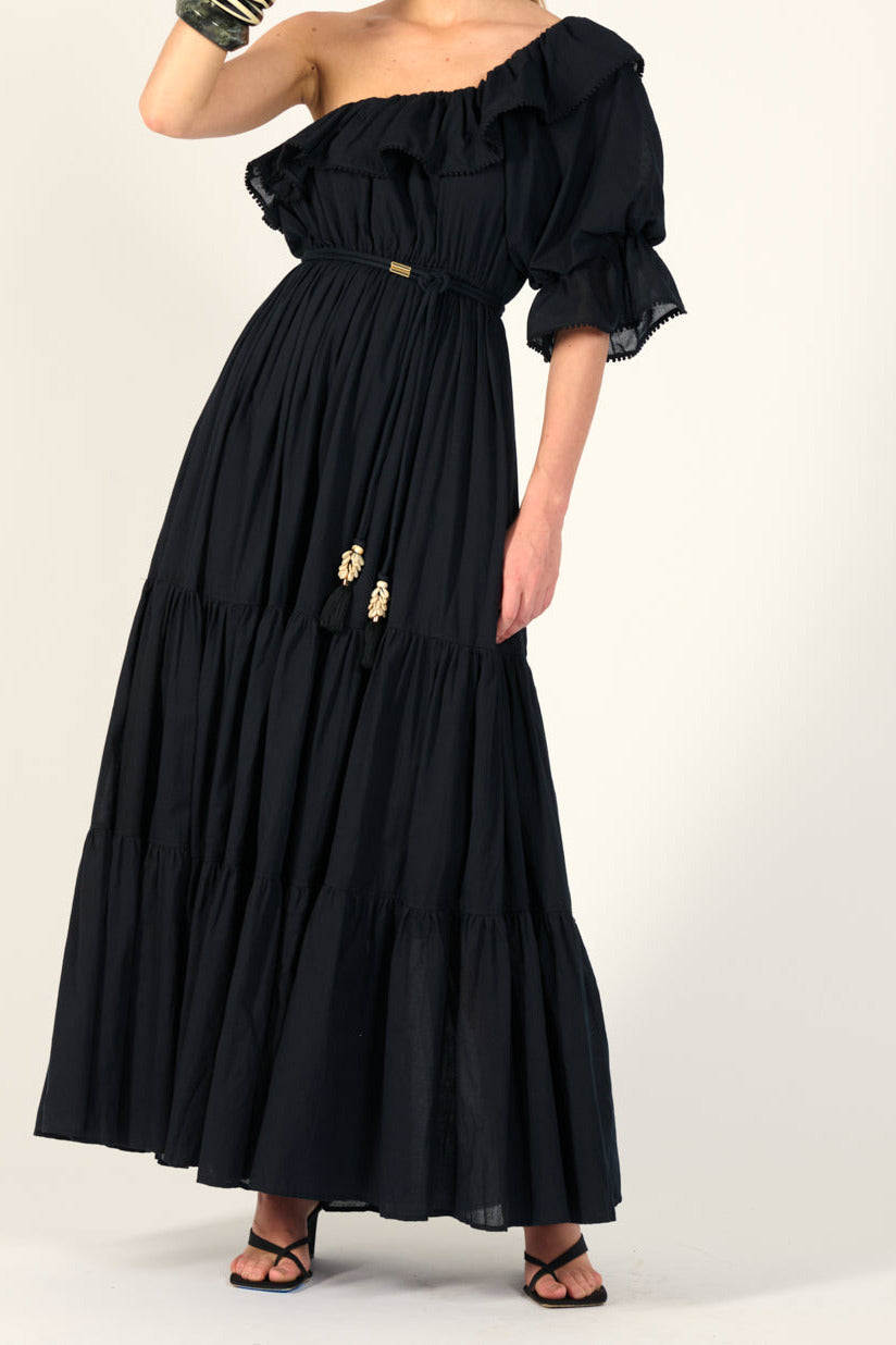 Black long dress – Long Dress Jay by Poupette St Barth, three-quarter view of one-shoulder ruffle