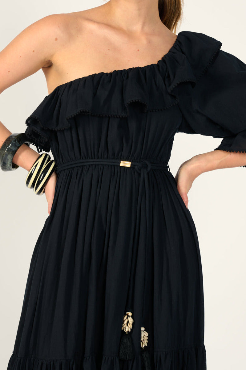 Black long dress – Long Dress Jay by Poupette St Barth, close-up of ruffled neckline and puff sleeve