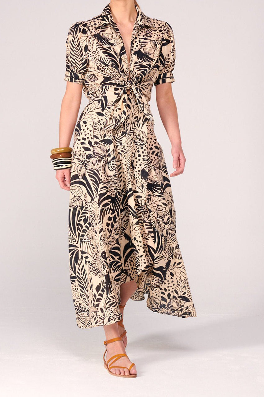Black Toucan long dress – Long Dress Eren by Poupette St Barth, full-length front view with tie-front bodice