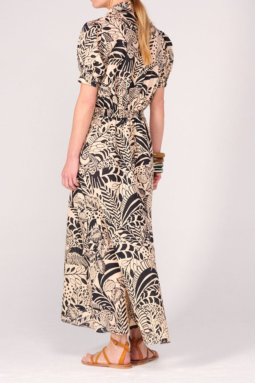 Black Toucan long dress – Long Dress Eren by Poupette St Barth, full-length back view with puff sleeves