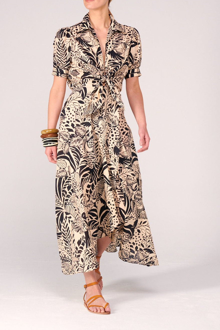 Black Toucan long dress – Long Dress Eren by Poupette St Barth, full-length front view with tie-front bodice