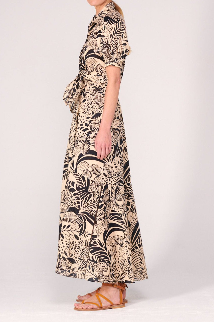 Black Toucan long dress – Long Dress Eren by Poupette St Barth, side view showing tie front and puff sleeves