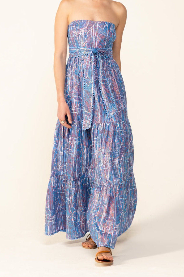 Blue Akoya long dress – Long Dress Thelma by Poupette St Barth, full-length front view with tie belt