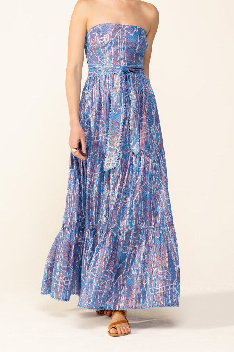 Blue Akoya long dress – Long Dress Thelma by Poupette St Barth, front view showing tiered maxi skirt
