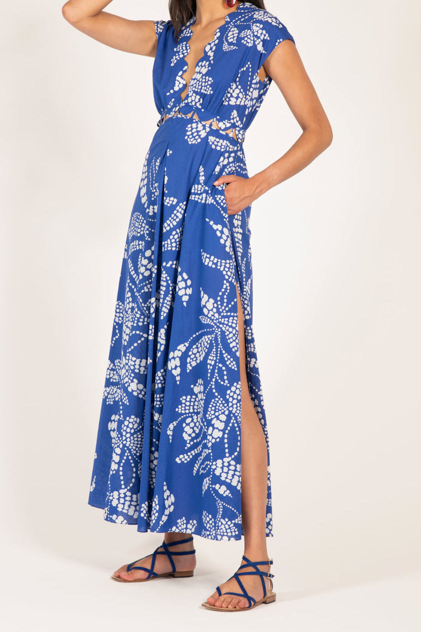Blue Austral long dress – Long Dress Noreen by Poupette St Barth, three-quarter view showing side slit