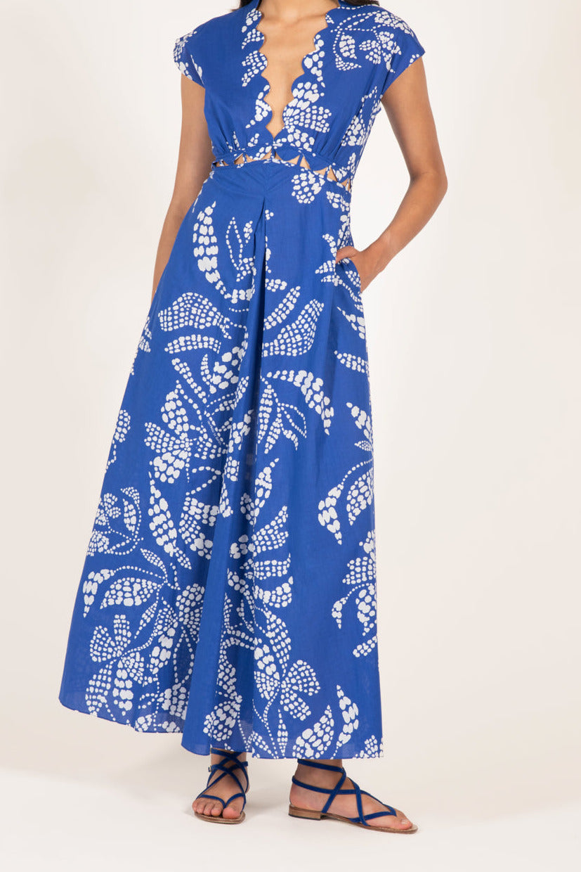 Blue Austral long dress – Long Dress Noreen by Poupette St Barth, front view with scalloped v-neck