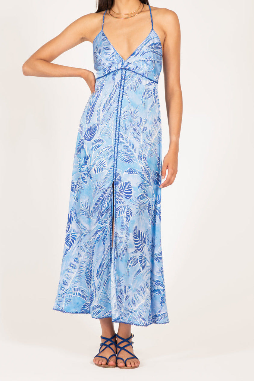 Blue Calathea long dress by Poupette St Barth featuring satin viscose fabric and a flowing, elegant silhouette.