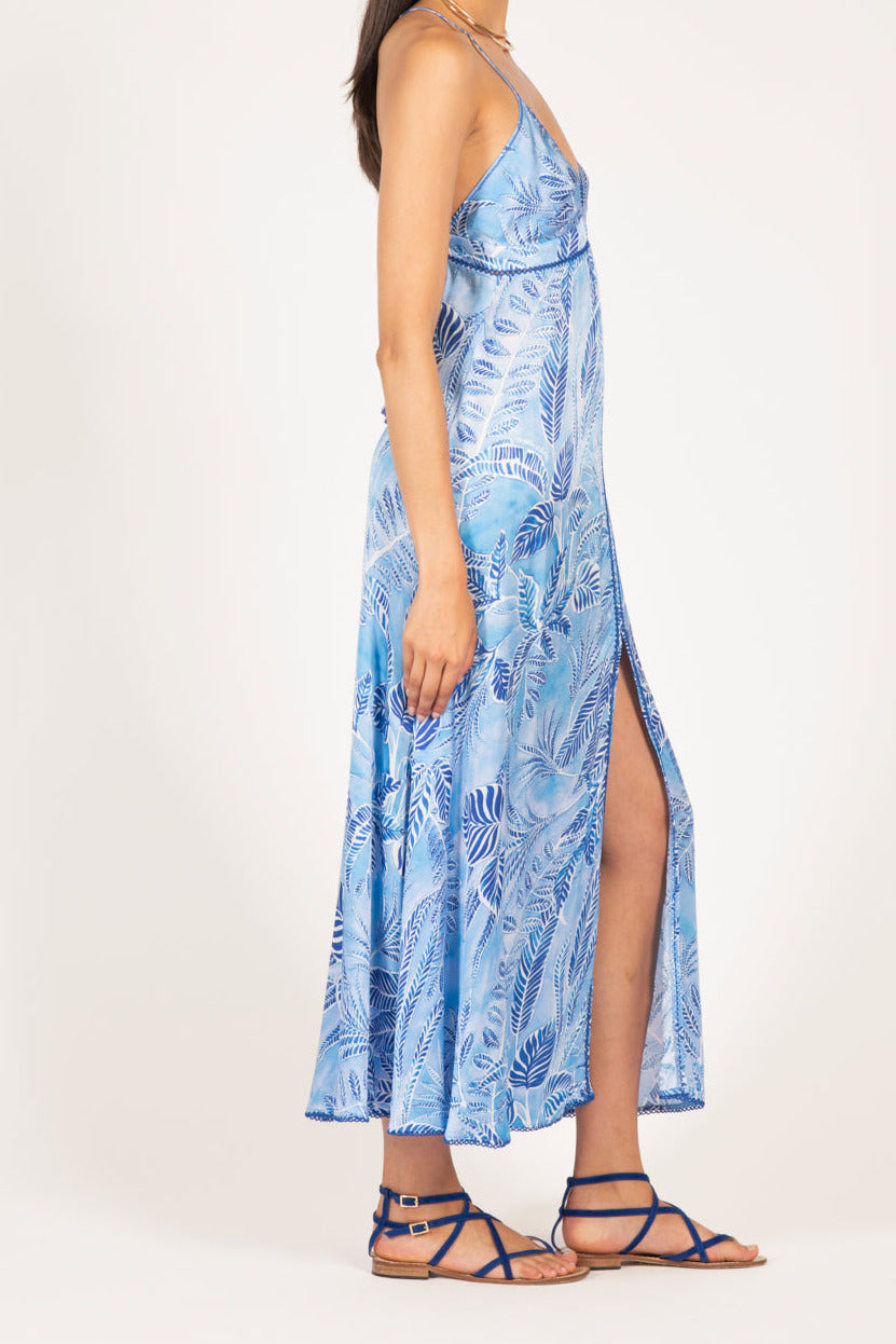 Blue satin long dress Denise by Poupette St Barth featuring a flowing silhouette and elegant design, shown in XS size.
