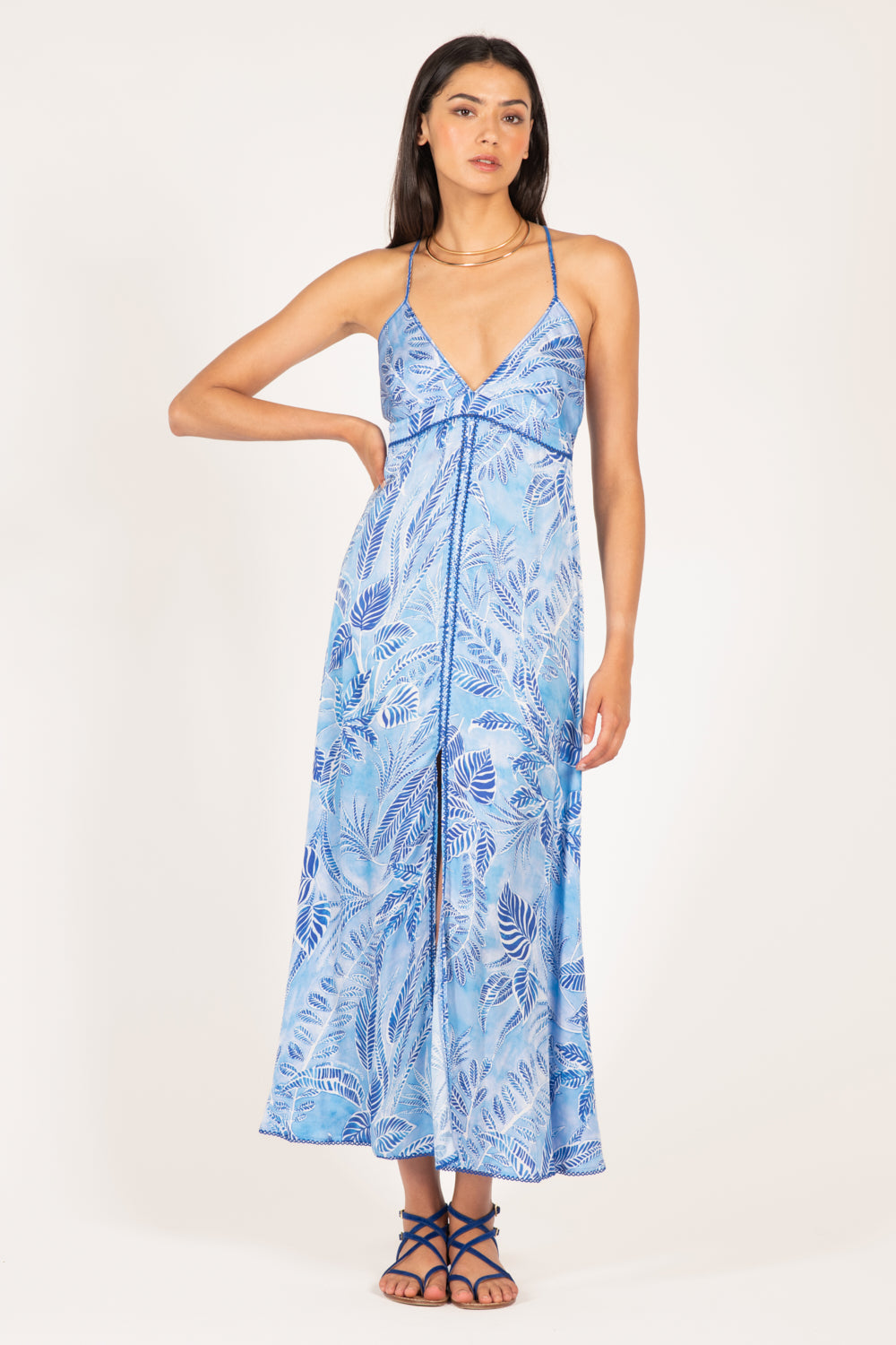 Blue Calathea long dress – Long Dress Denise by Poupette St Barth, front view