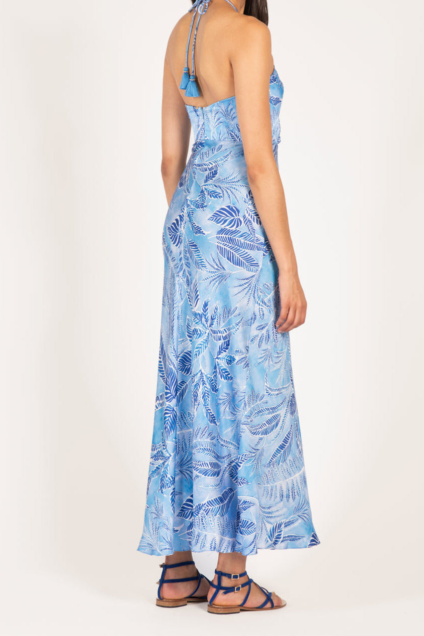 Blue Calathea long dress by Poupette St Barth, made of silky viscose satin, featuring a flowing, elegant design.