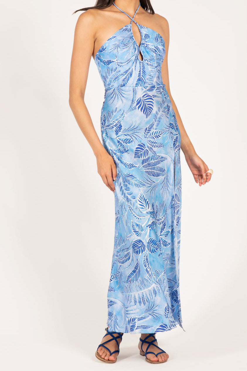 Blue Calathea Long Dress by Poupette St Barth, lightweight satin fabric, flowing silhouette, sleeveless design, perfect for warm weather.