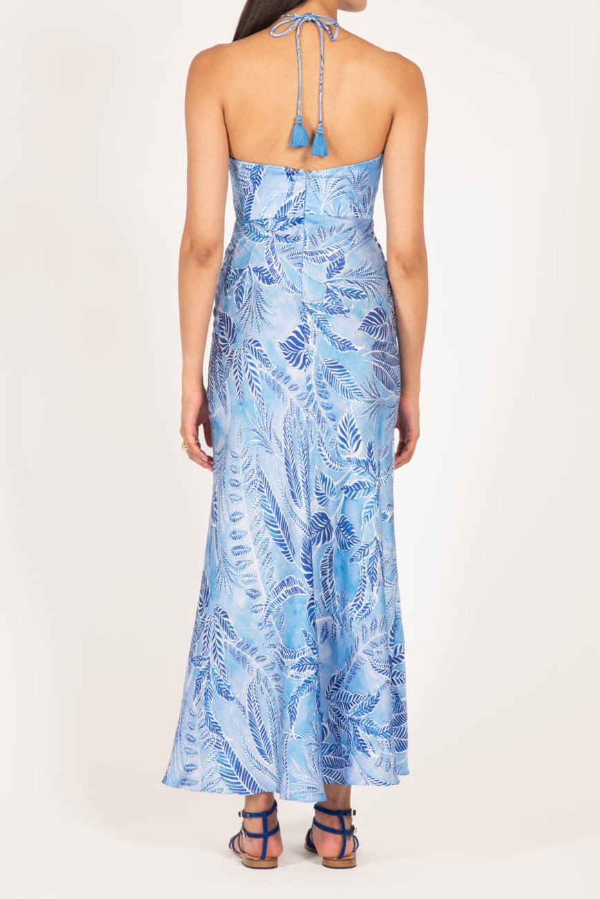 Blue Calathea long dress by Poupette St Barth, satin viscose fabric, featuring a flowing silhouette and elegant design.