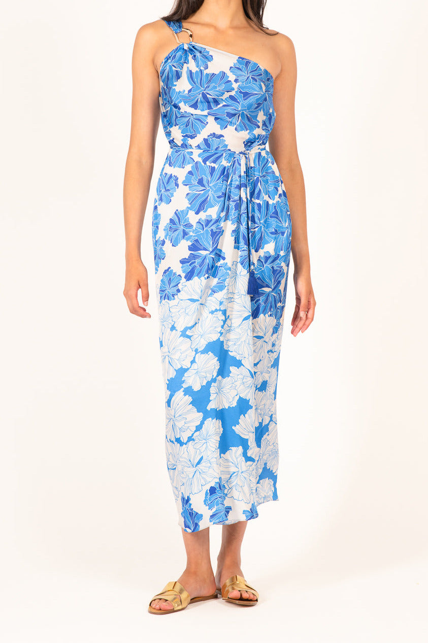 Blue Flower Bunch long dress – Long Dress Fanny by Poupette St Barth, front view with one-shoulder neckline