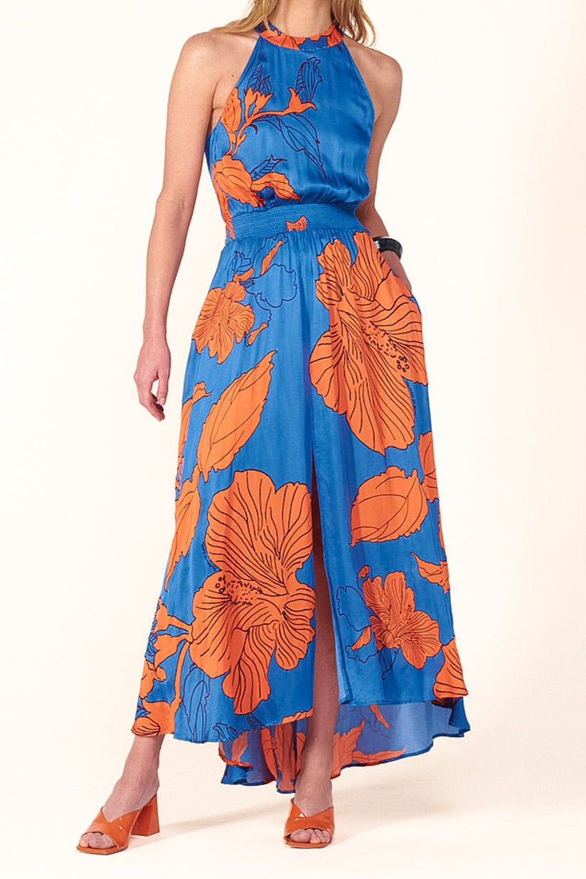 Blue Hibiscus long dress – Long Dress Clea by Poupette St Barth, full-length front view with halter neck