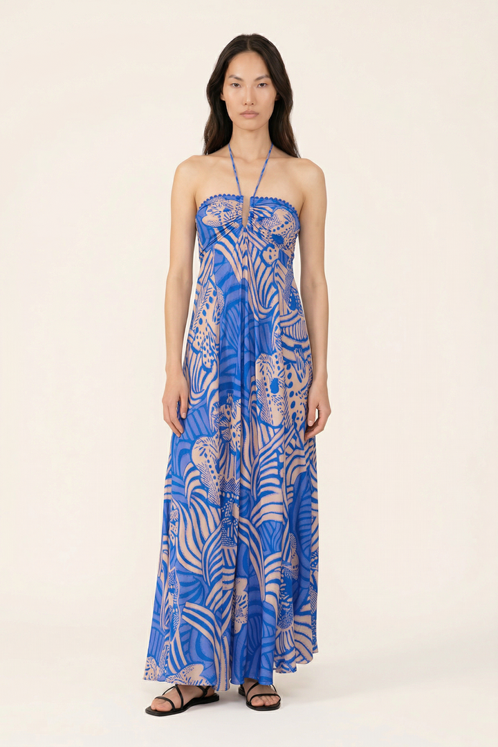 Blue Japonism long dress – Long Dress Carla by Poupette St Barth, front view