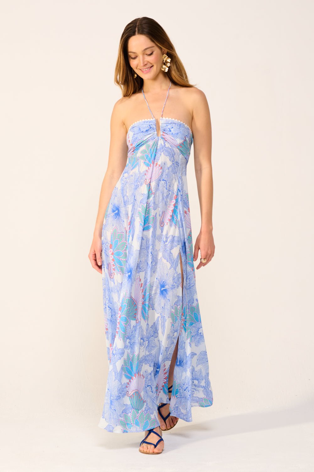 Blue Padang long dress – Long Dress Carla by Poupette St Barth, front view