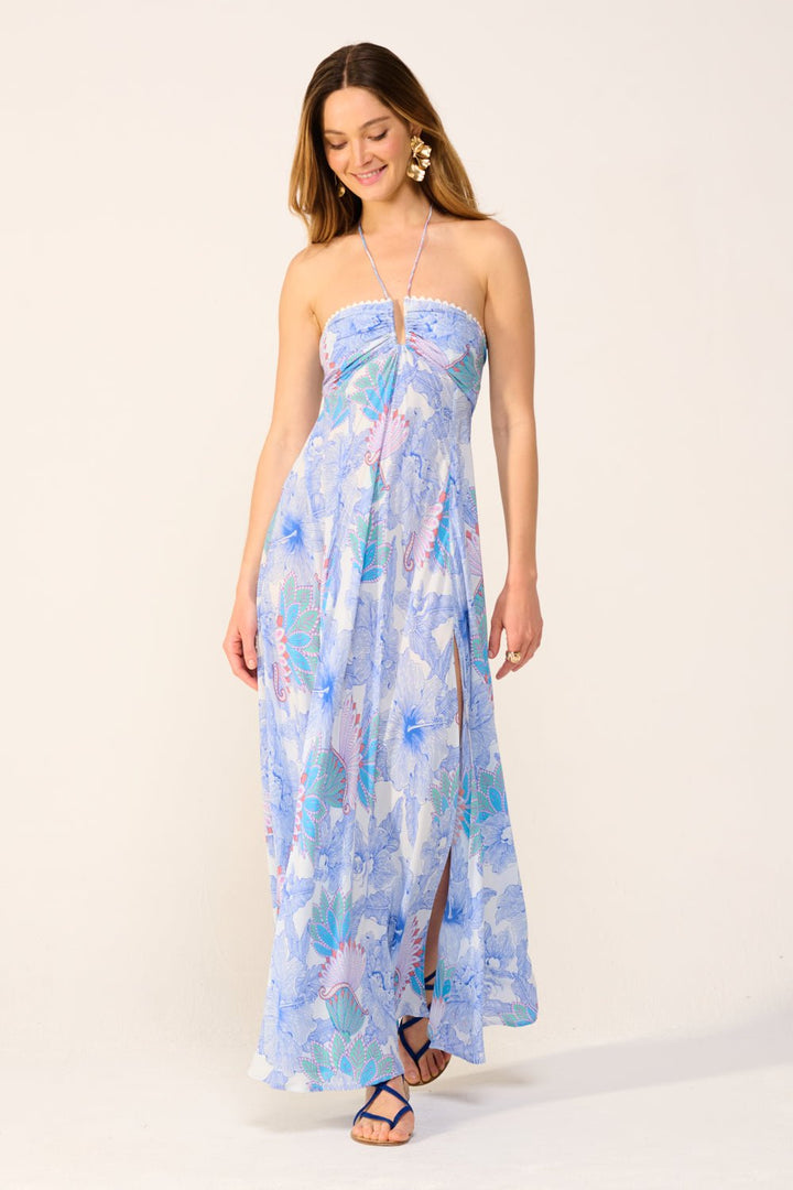 Blue Padang long dress – Long Dress Carla by Poupette St Barth, front view