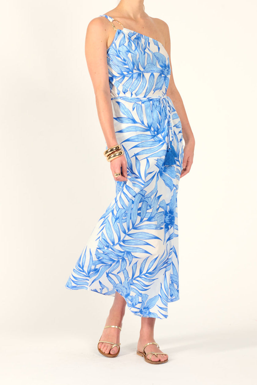 Blue Palm Leaf long dress – Long Dress Fanny by Poupette St Barth, three-quarter view with tasselled belt