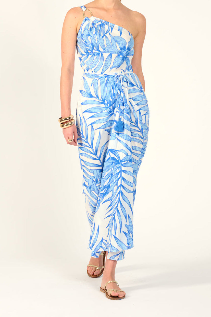 Blue Palm Leaf long dress – Long Dress Fanny by Poupette St Barth, front view with one-shoulder neckline