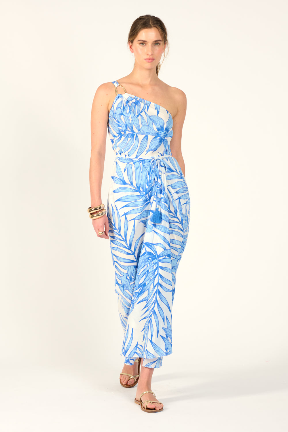 Blue Palm Leaf long dress – Long Dress Fanny by Poupette St Barth, front view