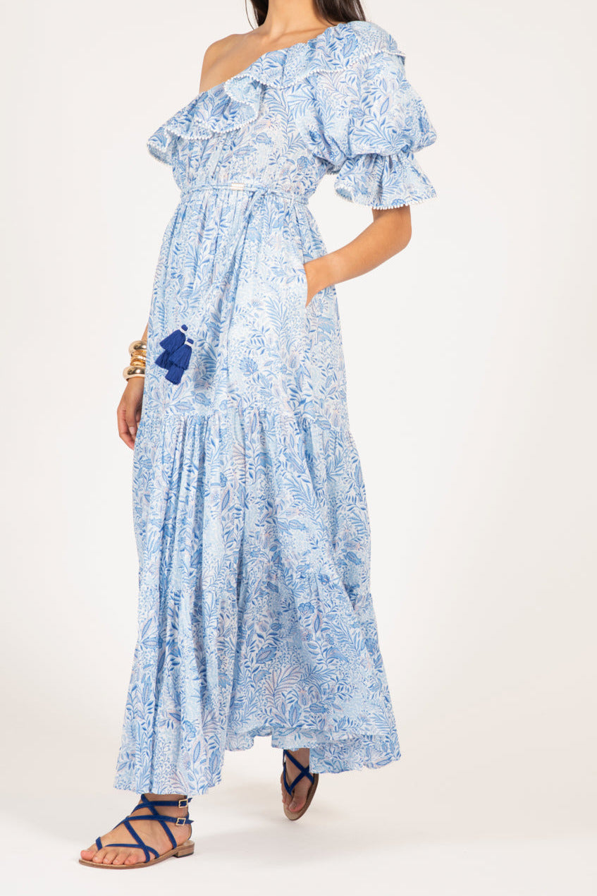 Blue Palmarosa cotton mousseline long dress by Poupette St Barth, featuring a flowing, elegant design perfect for warm weather.